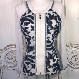 Piccadilly White and Blue Jean Cutout Design with Net Sleeves Jacket